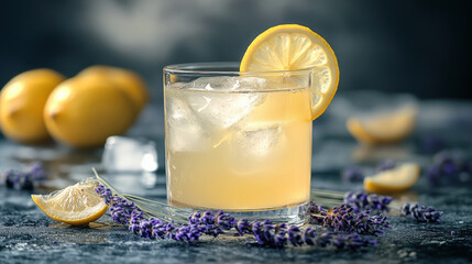A vibrant cocktail featuring lemon and lavender, set against a moody background, perfect for summer gatherings.