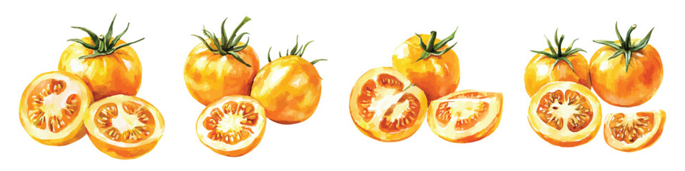 Fototapeta premium Watercolor set of heap whole sliced ripe yellow cherry tomatoes isolated on transparent background