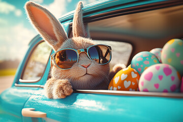 Easter themed image with bunny in blue car wearing sunglasses, surrounded by colorful Easter eggs. Festive and stylish Easter celebration scene.