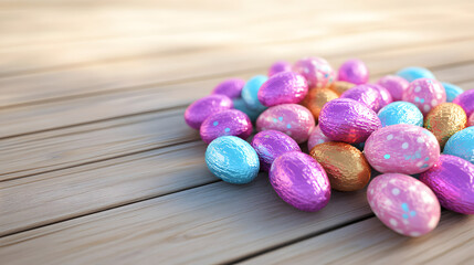Assorted foil-wrapped chocolate Easter eggs in pastel colors