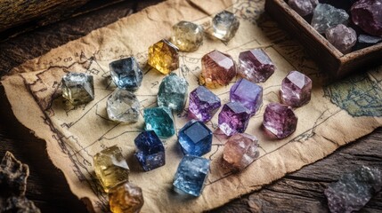 Top view of a gemstone mine map with raw mineral samples.
