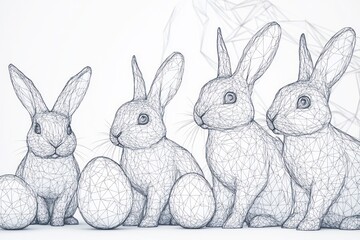Obraz premium Creative wireframe line art of Easter bunnies on white.