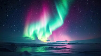 Naklejka premium Aurora borealis northern lights idea. A vibrant display of northern lights illuminating a serene night sky over water.