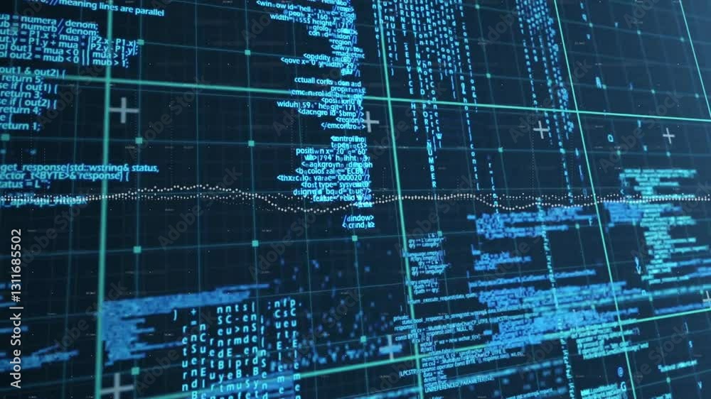 Poster animation of digital code and data streams flowing across futuristic blue grid