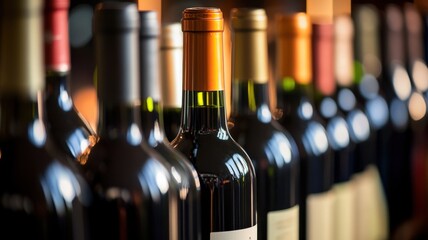 A row of wine bottles in focus, soft background blur; elegance and craftsmanship in every detail.