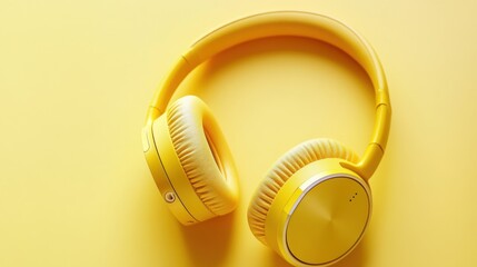 Naklejka premium Travel-friendly wireless headphones with a compact design on a bold mustard yellow background.