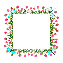 Clover flowers background. Set of frames of watercolor berries and clovers, dragonflies, butterflies, bumblebees and bees. Clip art, design element.