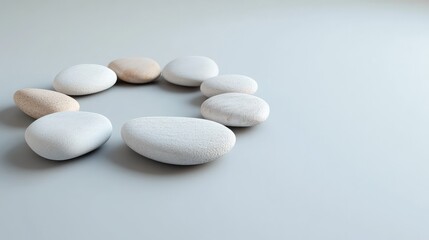 A set of smooth pebbles arranged in a harmonious circle, symbolizing meditation and belief in inner peace, with plenty of space for additional elements.