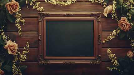 Vintage Empty Frame on Wooden Wall with Floral Decoration

