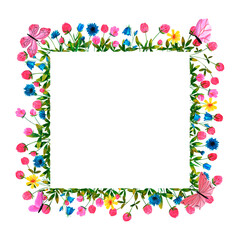 Wildflowers and clover flowers background. Set of frames of watercolor berries and clovers, dragonflies, butterflies, bumblebees and bees. Clip art, design element.