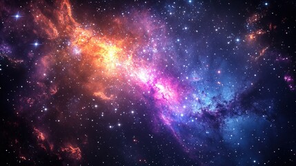 Fototapeta premium Captivating close-up of a star-filled galaxy, bathed in vibrant hues of orange and purple, surrounded by an endless cosmic expanse