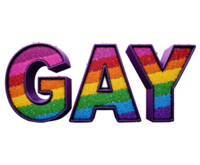 Rainbow-colored GAY letters with glitter on transparent background