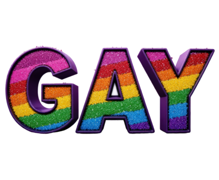 Rainbow-colored GAY letters with glitter on transparent background