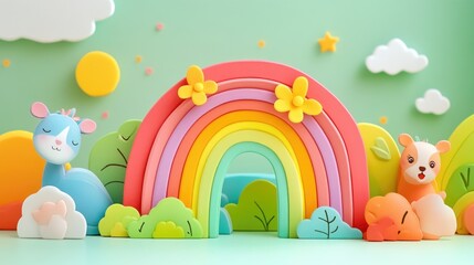 Fototapeta premium Cute handmade craft featuring rainbow and animals in a colorful nature scene.