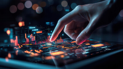 Naklejka premium sleek corporate hand navigating smart real estate interface with vibrant data visualizations and graphs