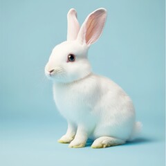 Obraz premium Soft blue background, white rabbit symbolizing joy.