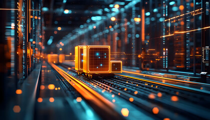 Centro logístico moderno, con gráficos futuristas, robots autónomos, cintas transportadoras y pantallas holográficas en operación.Eficiencia del futuro: la revolución tecnológica en la logística.