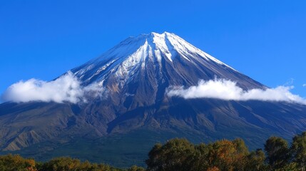 A snow-capped mountain peak with a clear blue sky, representing belief in achieving greatness, with a large blank sky for branding or text.