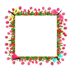 Fresh red currant berries and clover flowers background. Set of frames of watercolor berries and clovers, dragonflies, butterflies, bumblebees and bees. Clip art, design element.