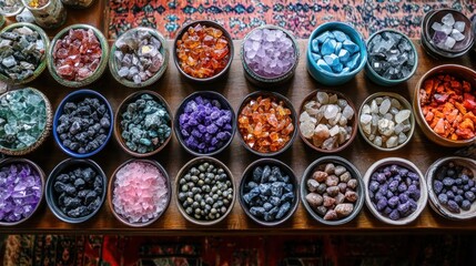 Various raw and cut gemstones arranged on a gemstone market stall.