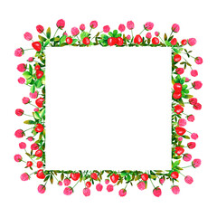 Fresh strawberry berries and clover flowers background. Set of frames of watercolor berries and clovers, dragonflies, butterflies, bumblebees and bees. Clip art, design element.