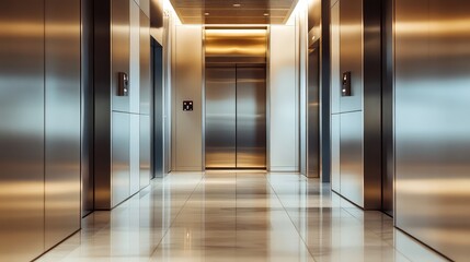 A spacious elevator with soft lighting, sleek metallic surfaces, and a polished floor, offering a modern and polished backdrop for professional messaging.