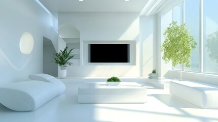 Modern white living room, sunlight, plant, minimalist design, interior design