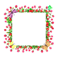 Fresh strawberry berries and clover flowers background. Set of frames of watercolor berries and clovers, dragonflies, butterflies, bumblebees and bees. Clip art, design element.