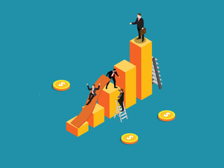 An isometric business concept illustration depicting different career and financial success pathways