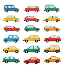 A set of 18 illustrated cars in various colors and styles, including sedans, hatchbacks, and vans. This vibrant collection is ideal for transportation-themed designs, posters, and digital projects.