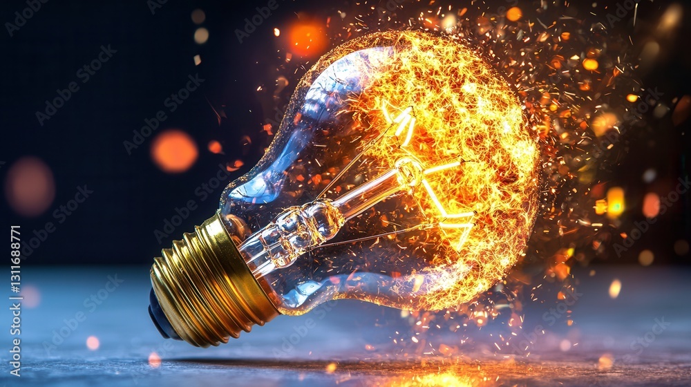 Poster a visually striking and rendered 3d lightbulb image that depicts an exploding and igniting bulb crea