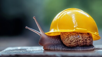 Snail wearing a yellow hard hat. The snail is on a wooden surface. The image has a playful and whimsical mood