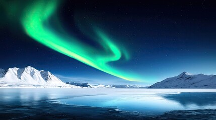 Fototapeta premium Aurora borealis northern lights idea. Stunning view of the northern lights over icy mountains and a tranquil sea.