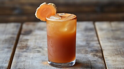 Iced ginger turmeric drink in tall glass.