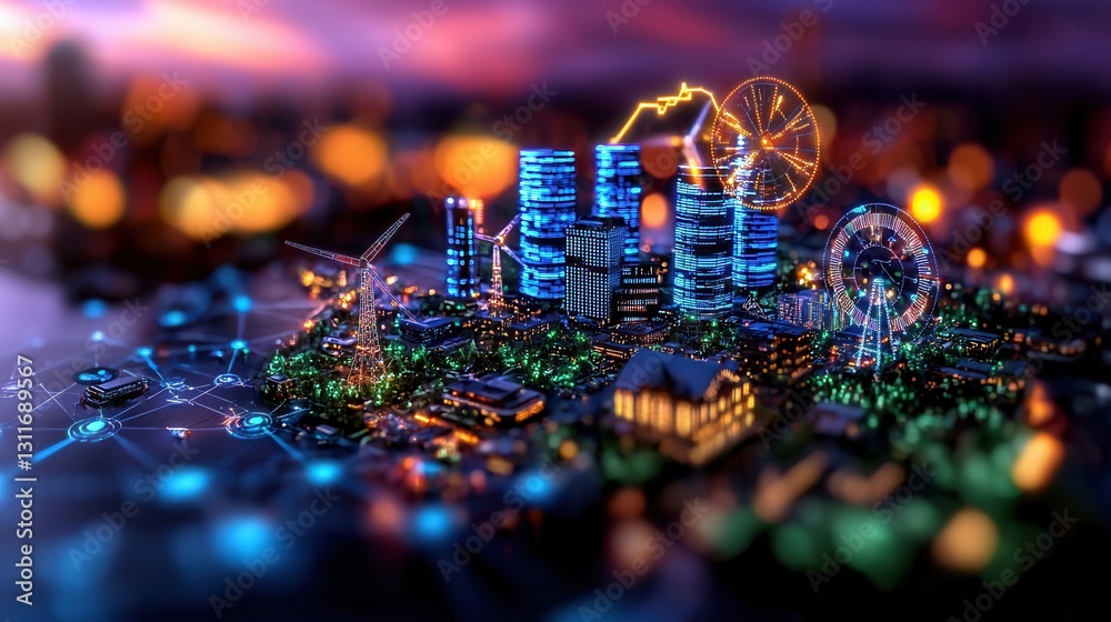 Poster futuristic skyline of a high tech metropolitan city featuring a centralized power grid management hu