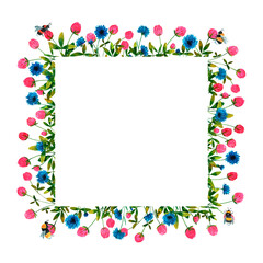 Wildflowers and clover flowers background. Set of frames of watercolor berries and clovers, dragonflies, butterflies, bumblebees and bees. Clip art, design element.