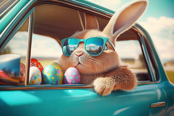 Easter themed image with bunny in teal car wearing blue sunglasses surrounded by colorful Easter eggs. Festive and trendy Easter celebration scene.