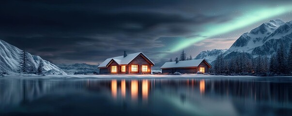 Fototapeta premium Aurora borealis northern lights concept. A tranquil winter scene with cabins illuminated by northern lights over a serene lake.