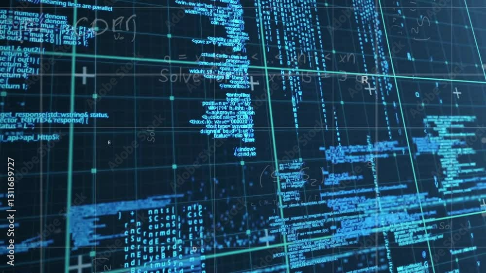 Aufkleber digital code and data processing animation over grid background with blue text