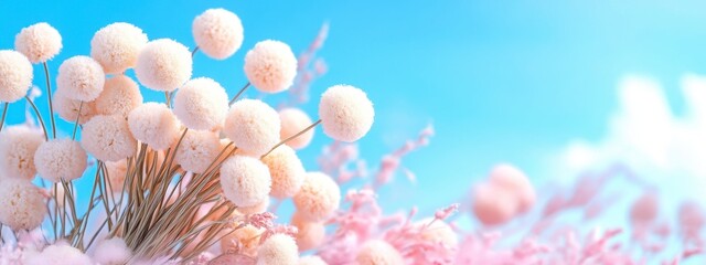 Obraz premium Pastel White and Pink Flower Bouquet Against a Bright Blue Sky