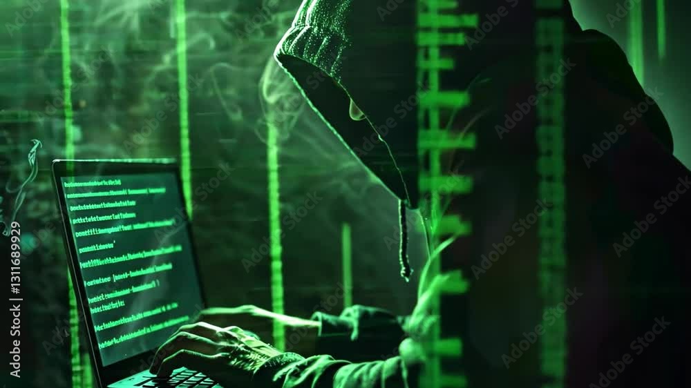 Poster hooded figure typing on laptop surrounded by green digital code mysterious journey into hacking, cyb