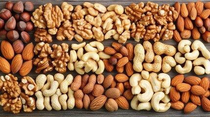 A top view of a variety of nuts like cashews, almonds, and walnuts scattered across a clean wooden table, with plenty of space for messaging.