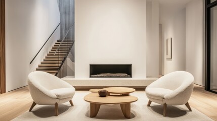 Modern minimalist living room with fireplace, stairs, and wooden floors; home interior design