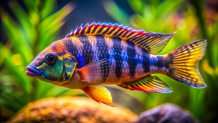 Fototapeta premium Vibrant Amatitlania Nigrofasciata Convict Cichlid Fish in Aquarium Setting