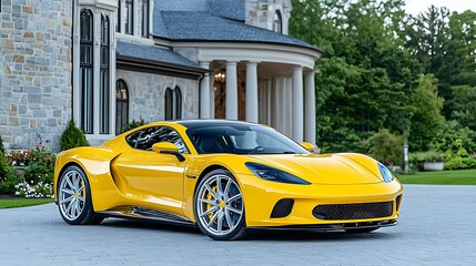 Fototapeta premium Luxurious Yellow Sports Car Parked at Elegant Mansion Exterior