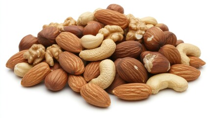 A variety of mixed nuts such as almonds, walnuts, and cashews scattered on a white background with space for health-related product messages.
