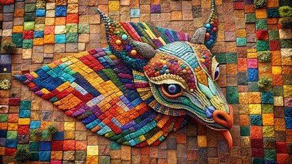 Obraz premium Vibrant Animal Patchwork on Ceramic Brick Background - Aerial View