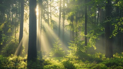 Obraz premium Sunlight streams through the trees in a misty forest.