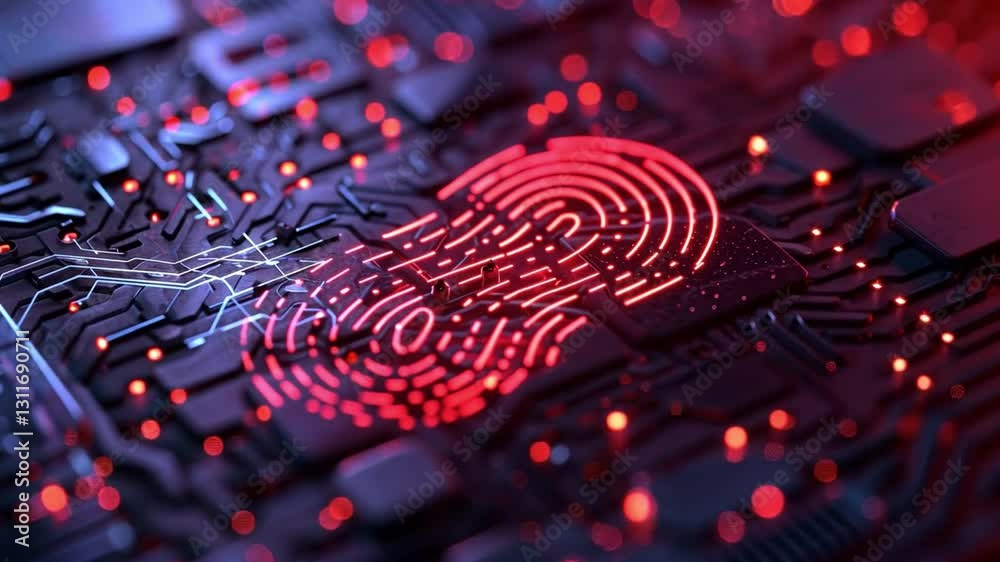 Poster exploring circuit technology abstract digital electronics with glowing fingerprint patterns and red 