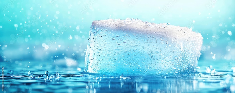 Aufkleber iceberg melting concept. a close-up of a floating ice cube in water under a serene blue atmosphere.